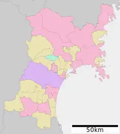 Mapa konturowa Miyagi, u góry znajduje się punkt z opisem „Kurihara”