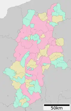 Mapa konturowa prefektury Nagano, w centrum znajduje się punkt z opisem „Chino”