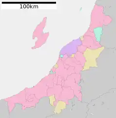 Mapa konturowa prefektury Niigata, na dole po lewej znajduje się punkt z opisem „Jōetsu”