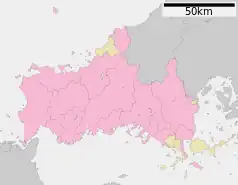 Mapa konturowa prefektury Yamaguchi, po prawej znajduje się punkt z opisem „Iwakuni”