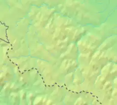 Mapa konturowa Bieszczadów Wschodnich, na dole znajduje się czarny trójkącik z opisem „Jawornik Wielki”