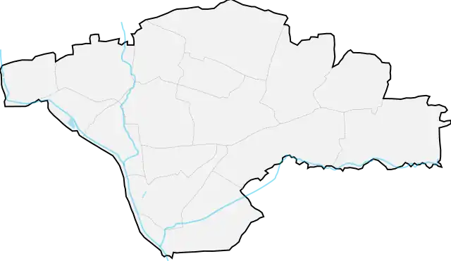 Mapa konturowa Sosnowca, po lewej nieco u góry znajduje się punkt z opisem „Kościół ewangelicko-augsburski św. Jana Ewangelisty w Sosnowcu”