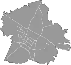 Mapa konturowa Tychów, blisko centrum na lewo znajduje się punkt z opisem „Parafia Ewangelicko-Augsburska w Tychach”