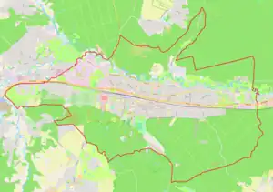 Mapa konturowa Wejherowa, w centrum znajduje się punkt z opisem „Parafia Trójcy Świętej”