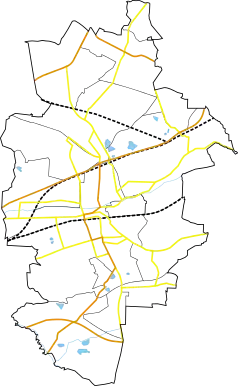 Mapa konturowa Zabrza, blisko centrum na lewo znajduje się punkt z opisem „Dom Muzyki i Tańca”