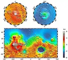 Mapa topograficzna. Południowa część przeważnie czerwona z dużą, okrągłą niebieską plamą; północna głównie niebieska, od południa wchodzą na nią czerwone fragmenty.