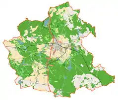 Mapa konturowa gminy Międzyrzecz, w centrum znajduje się punkt z opisem „Kościół św. Wojciecha w Międzyrzeczu”