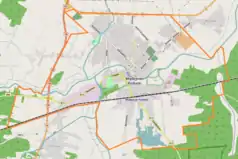 Mapa konturowa Międzyrzeca Podlaskiego, blisko centrum na dole znajduje się punkt z opisem „Międzyrzec Podlaski”