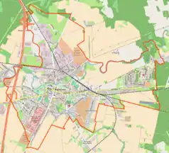 Mapa konturowa Międzyrzecza, blisko centrum na lewo znajduje się punkt z opisem „Kościół św. Wojciecha w Międzyrzeczu”