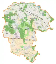 Mapa konturowa gminy Miękinia, po lewej nieco u góry znajduje się punkt z opisem „Zabór”