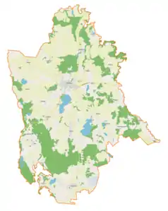 Mapa konturowa gminy Miłakowo, na dole po lewej znajduje się punkt z opisem „Pałac w Ponarach”