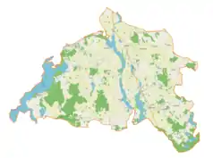 Mapa konturowa gminy Miłki, w centrum znajduje się punkt z opisem „Radiowo-Telewizyjne Centrum Nadawcze Miłki”