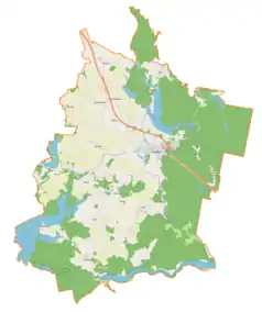 Mapa konturowa gminy Miłomłyn, u góry nieco na lewo znajduje się punkt z opisem „Liksajny”