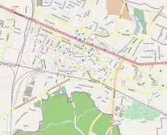 Mapa konturowa Mińska Mazowieckiego, blisko centrum na lewo u góry znajduje się punkt z opisem „Parafia św. Antoniego z Padwy”