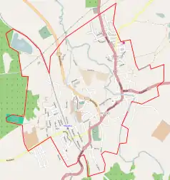 Mapa konturowa Miastka, na dole nieco na lewo znajduje się punkt z opisem „Parafia pw. Miłosierdzia Bożego w Miastku”