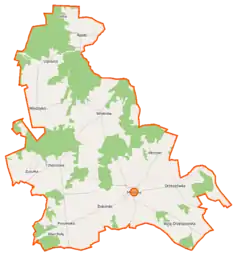 Mapa konturowa gminy Miedzna, na dole po lewej znajduje się punkt z opisem „Poszewka”