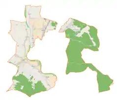 Mapa konturowa gminy wiejskiej Mielec, po lewej nieco u góry znajduje się punkt z opisem „Złotniki”