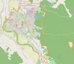 Mapa konturowa Mielca, po lewej nieco u góry znajduje się punkt z opisem „Mielec”