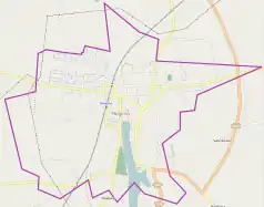 Mapa konturowa Mogilna, na dole znajduje się punkt z opisem „Parafia św. Jana Apostoła”