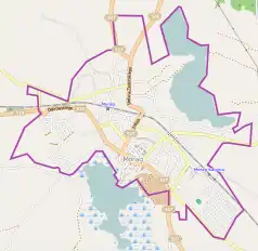 Mapa konturowa Morąga, po lewej znajduje się punkt z opisem „Cerkiew św. Włodzimierza”