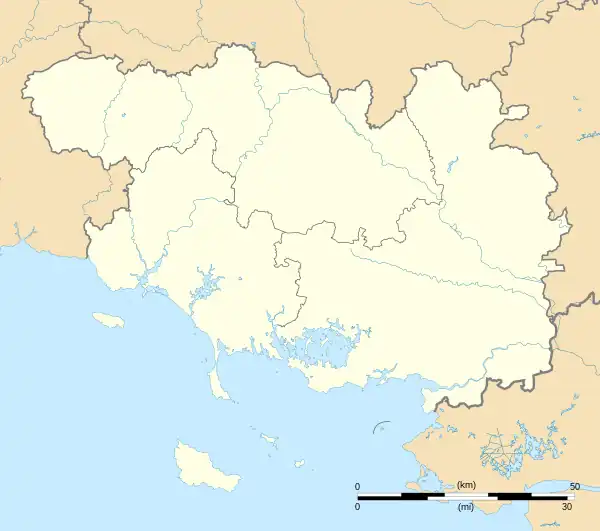 Mapa konturowa Morbihan, blisko centrum po prawej na dole znajduje się punkt z opisem „Theix-Noyalo”