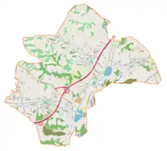 Mapa konturowa gminy Mszana, w centrum znajduje się punkt z opisem „Most autostradowy w Mszanie”