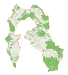 Mapa konturowa gminy wiejskiej Mszana Dolna, w centrum znajduje się punkt z opisem „Mszana Górna”