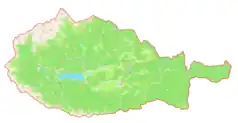 Mapa konturowa gminy Bohinj, blisko centrum po lewej na dole znajduje się punkt z opisem „Ribčev Laz”