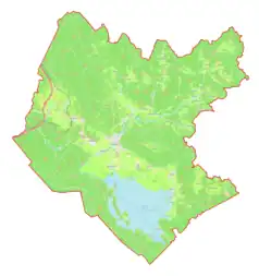 Mapa konturowa gminy Cerknica, po prawej nieco u góry znajduje się punkt z opisem „Bečaje”