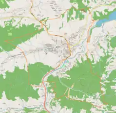 Mapa konturowa Myślenic, na dole znajduje się punkt z opisem „Sport Arena Myślenice”