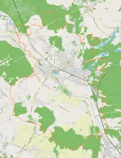 Mapa konturowa Myszkowa, blisko centrum na prawo u góry znajduje się punkt z opisem „Czarna Struga”