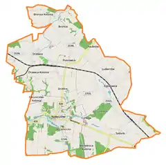 Mapa konturowa gminy Nałęczów, na dole nieco na lewo znajduje się punkt z opisem „Pomnik Bolesława Prusaw Nałęczowie”