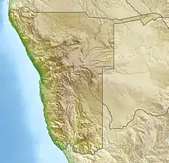 Mapa konturowa Namibii, u góry znajduje się punkt z opisem „Park Narodowy Waterberg”