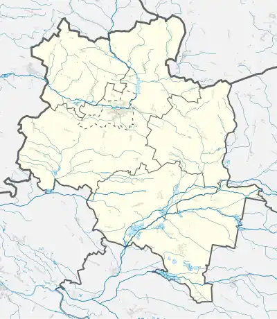 Mapa konturowa powiatu namysłowskiego, po lewej nieco u góry znajduje się punkt z opisem „Pałac w Przeczowie”