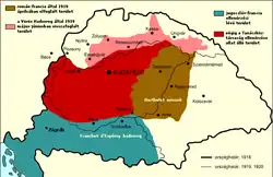 Sytuacja na Węgrzech pomiędzy zakończeniem wojny i podpisaniem traktatu w Trianion      Tereny pod kontrolą Węgierskiej Republiki Rad     Tereny opanowane przez rewolucyjne wojska węgierskie w czasie istnienia Republiki Rad     Okupacja rumuńska     Okupacja francusko-serbska