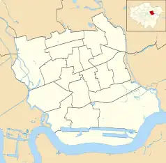 Mapa konturowa gminy Newham, na dole po lewej znajduje się punkt z opisem „Canning Town”