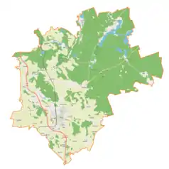 Mapa konturowa gminy Nidzica, blisko centrum po lewej na dole znajduje się punkt z opisem „Parafia Miłosierdzia Bożego”