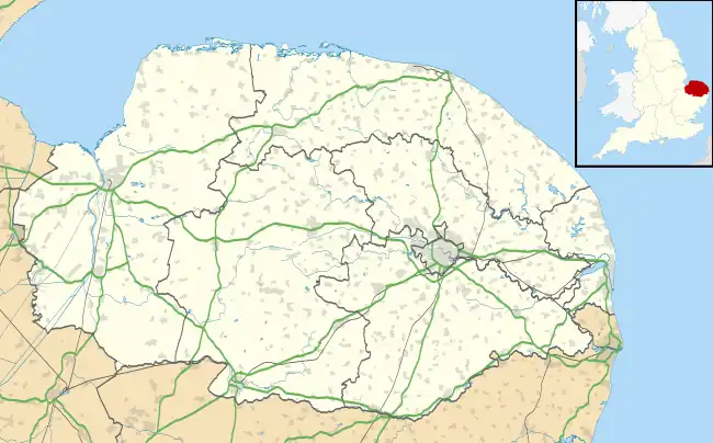 Mapa konturowa Norfolku, na dole znajduje się punkt z opisem „Spooner Row”