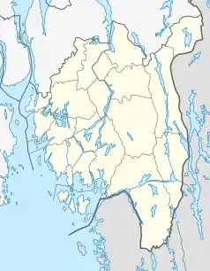 Mapa konturowa Østfoldu, u góry znajduje się punkt z opisem „Askim”