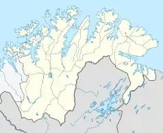 Mapa konturowa Finnmarku, u góry nieco na lewo znajduje się punkt z opisem „Olderfjord”