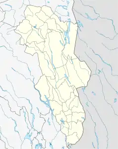 Mapa konturowa Hedmarku, blisko centrum na dole znajduje się punkt z opisem „Vikingskipet”