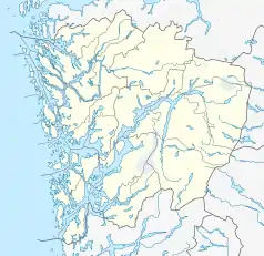 Mapa konturowa Hordalandu, po lewej znajduje się punkt z opisem „Bryggen”