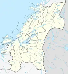 Mapa konturowa Trøndelagu, w centrum znajduje się punkt z opisem „Meråker”