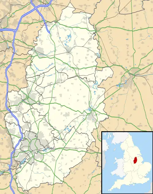 Mapa konturowa Nottinghamshire, blisko lewej krawiędzi nieco na dole znajduje się punkt z opisem „Newthorpe”