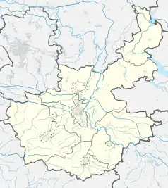 Mapa konturowa powiatu nowosolskiego, blisko prawej krawędzi u góry znajduje się punkt z opisem „Sławocin”