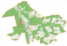 Mapa konturowa gminy Nowogród Bobrzański, blisko centrum u góry znajduje się punkt z opisem „Bogaczów”