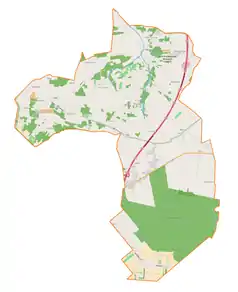 Mapa konturowa gminy Nowosolna, po lewej nieco u góry znajduje się punkt z opisem „Parafiapw. św. Ojca Piow Kalonce”