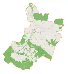 Mapa konturowa gminy Nowy Żmigród, po prawej nieco u góry znajduje się punkt z opisem „Nienaszów”