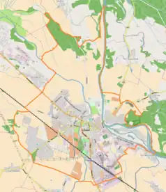 Mapa konturowa Oławy, po prawej nieco na dole znajduje się punkt z opisem „Zwierzętnik”