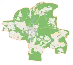 Mapa konturowa gminy Ośno Lubuskie, po prawej nieco na dole znajduje się punkt z opisem „Pałac w Lubieniu”